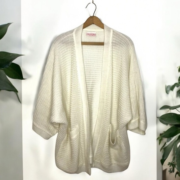 Vintage 80s Cozy Knit Open Slouchy Waffle Knit Cardigan Patch Pocket Sweater - Picture 1 of 9